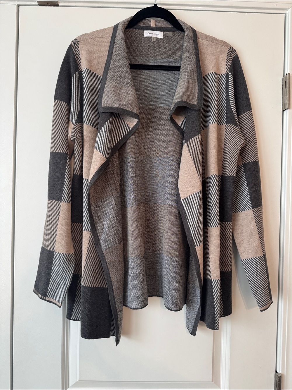 Calvin Klein Taupe and Gray Plaid Draped Open Cardigan